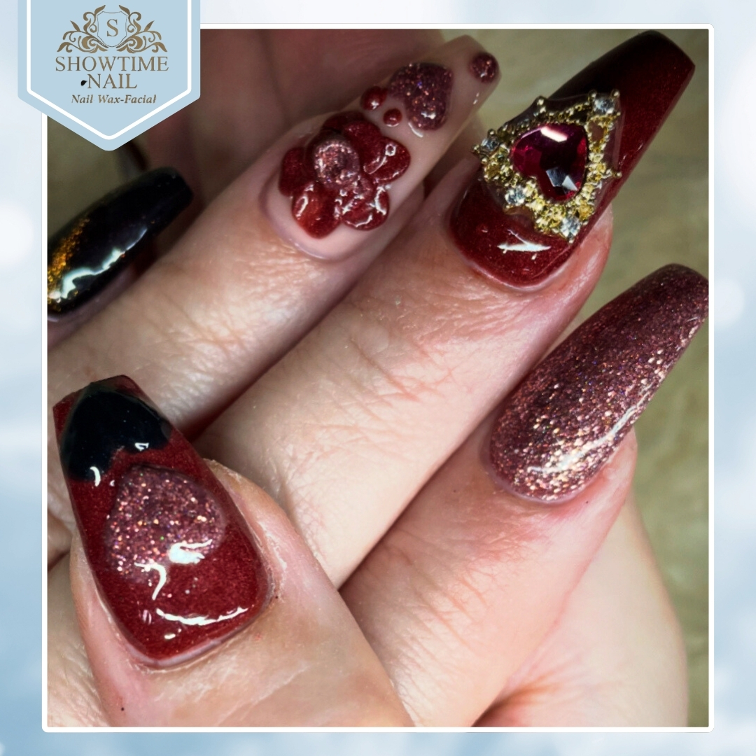 Royal Crimson & 3D Charms - Showtime Nail Las Vegas